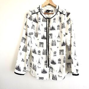 Talbots White and Black Paris Pop Over Top women Size S Button tie Quiet Luxury